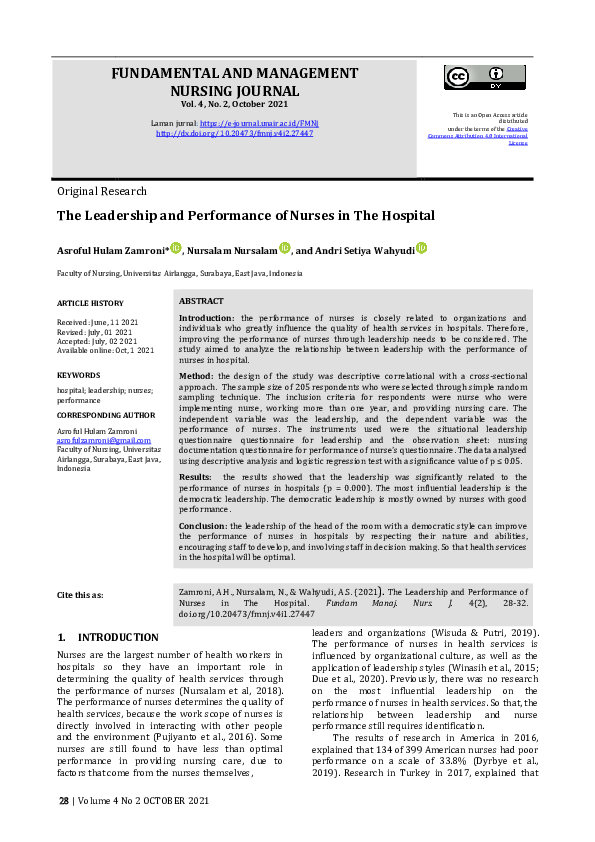 (PDF) The Leadership and Performance of Nurses in The Hospital