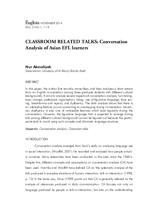 (PDF) CLASSROOM RELATED TALKS: Conversation Analysis of Asian EFL learners
