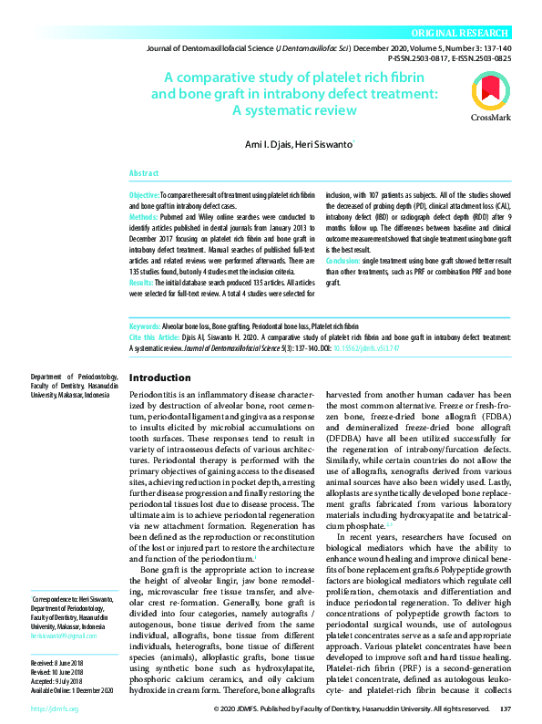 (PDF) A comparative study of platelet rich fibrin and bone graft in ...