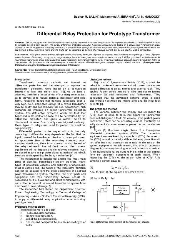 (PDF) Differential Relay Protection for Prototype Transformer