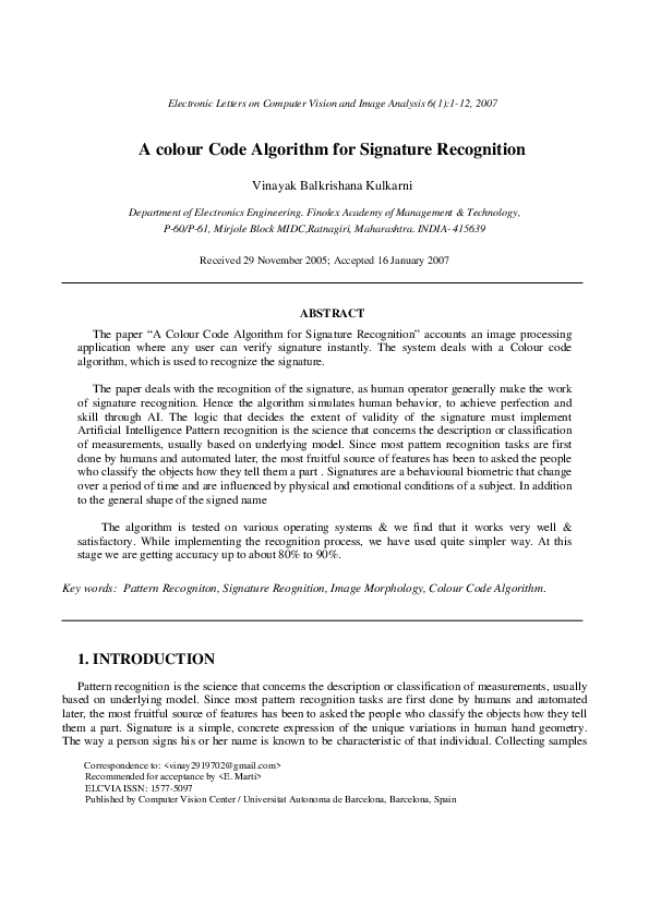 (PDF) A Colour Code Algorithm For Signature Recognition