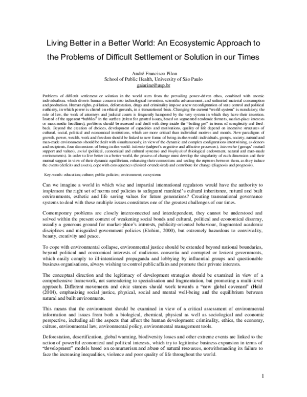 (PDF) Living Better In a Better World. the Ecosystemic Approach to ...