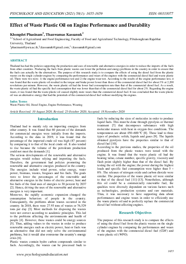 (PDF) Effect of Waste Plastic Oil on Engine Performance and Durability