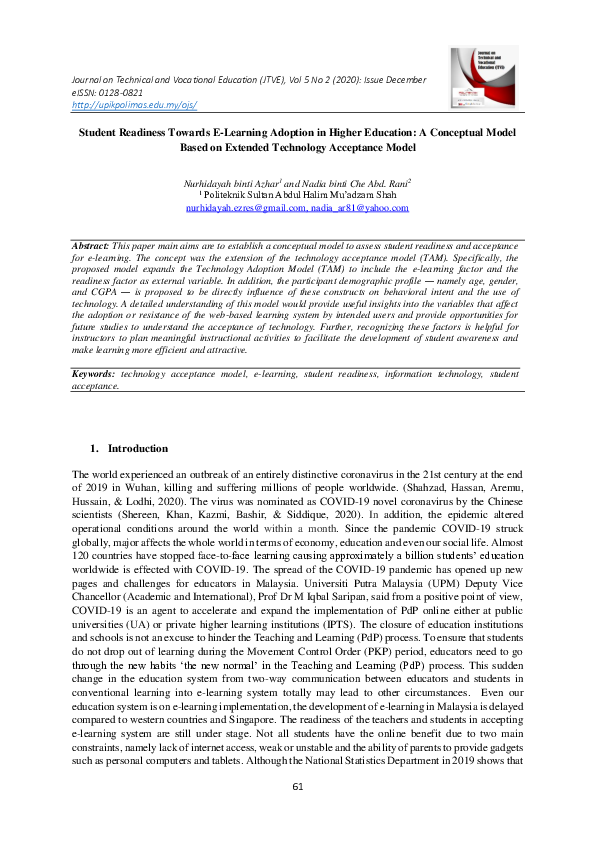 (PDF) Student Readiness Towards E-Learning Adoption in Higher Education ...