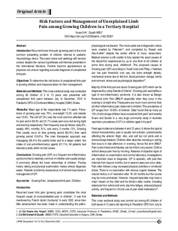 (PDF) Risk Factors and Management of Unexplained Limb Pain among ...