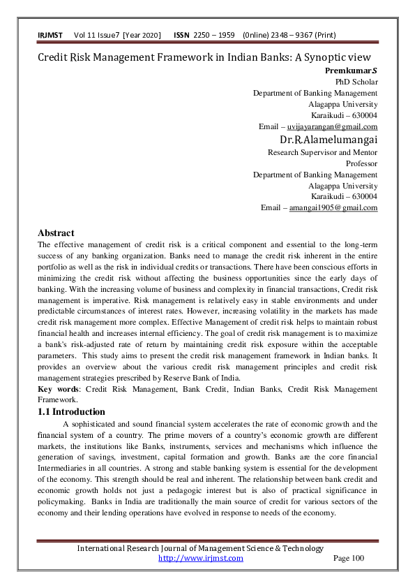(PDF) Credit Risk Management Framework in Indian Banks A Synoptic view