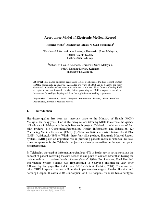 (PDF) Acceptance model of electronic medical record