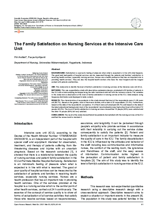 (PDF) The Family Satisfaction on Nursing Services at the Intensive Care ...