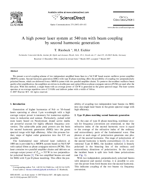(PDF) A high power laser system at 540nm with beam coupling by second ...
