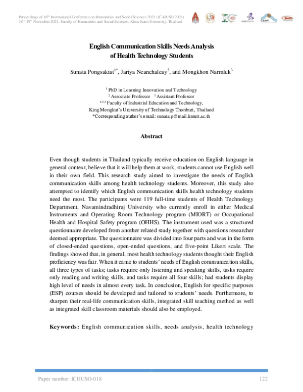 (PDF) English Communication Skills Needs Analysis of Health Technology ...