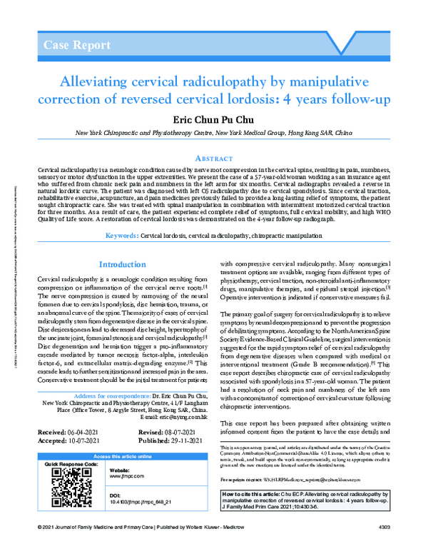 (PDF) Alleviating cervical radiculopathy by manipulative correction of