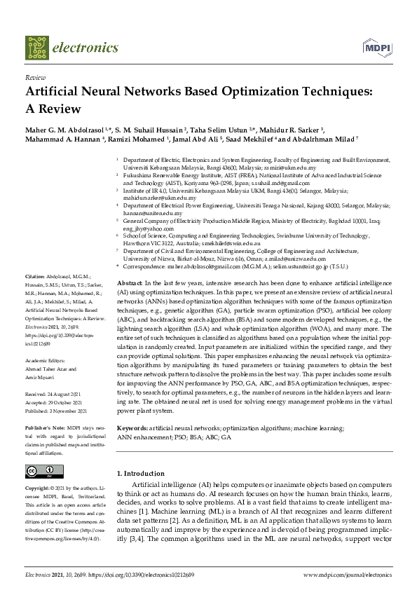 (PDF) Artificial Neural Networks Based Optimization Techniques: A Review