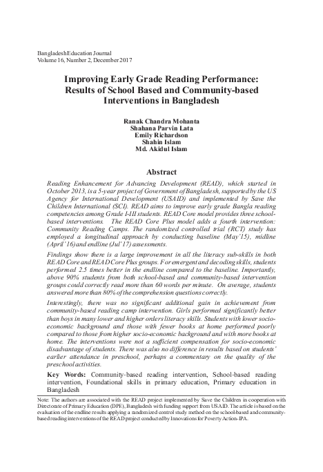 (PDF) Improving Early Grade Reading Performance : Results of School ...