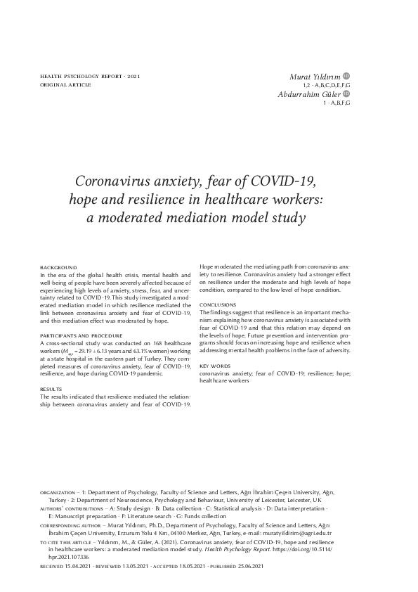 (PDF) Coronavirus anxiety, fear of COVID-19, hope and resilience in ...