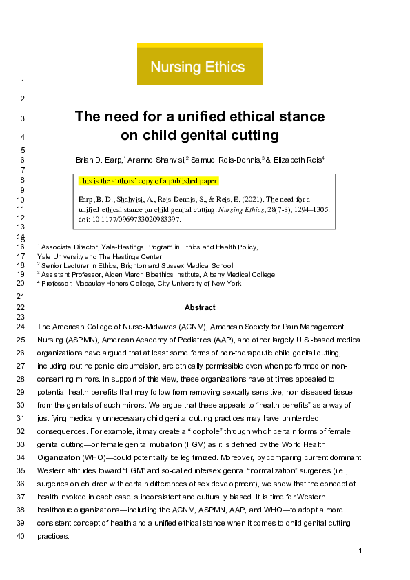  PDF The Need For A Unified Ethical Stance On Child Genital Cutting Brian D Earp And Arianne 