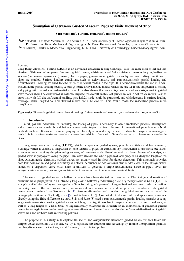 (PDF) Simulation of Ultrasonic Guided Waves in Pipes by Finite Element ...