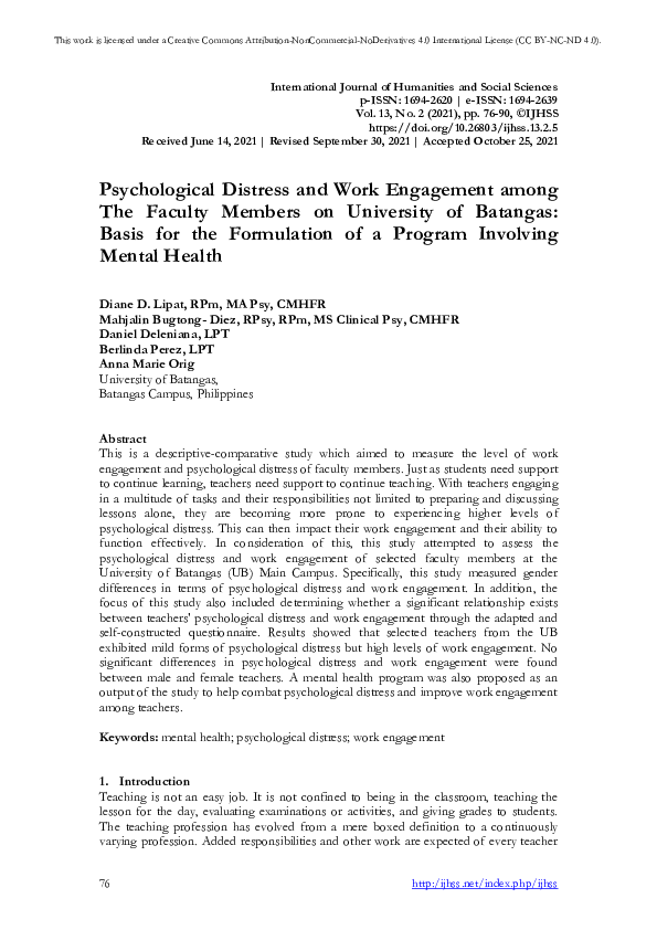 (PDF) Psychological Distress and Work Engagement among The Faculty ...