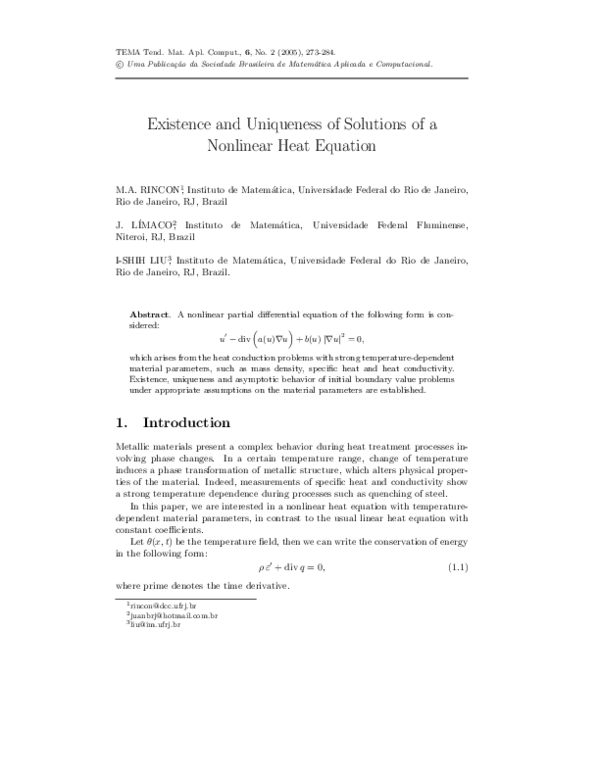 (PDF) Existence and uniqueness of solutions of a nonlinear heat equation