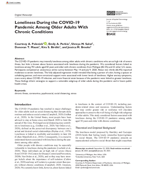 (PDF) Loneliness During the COVID-19 Pandemic Among Older Adults With ...