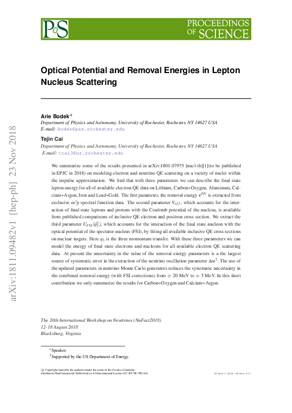 (PDF) Optical Potential and Removal Energies in Lepton Nucleus Scattering