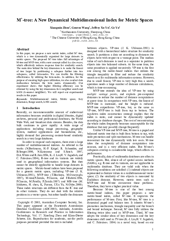 (PDF) M+-tree: a new dynamical multidimensional index for metric spaces