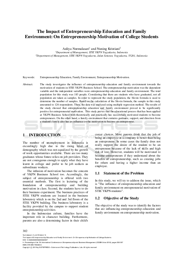 (PDF) The Impact of Entrepreneurship Education and Family Environment ...