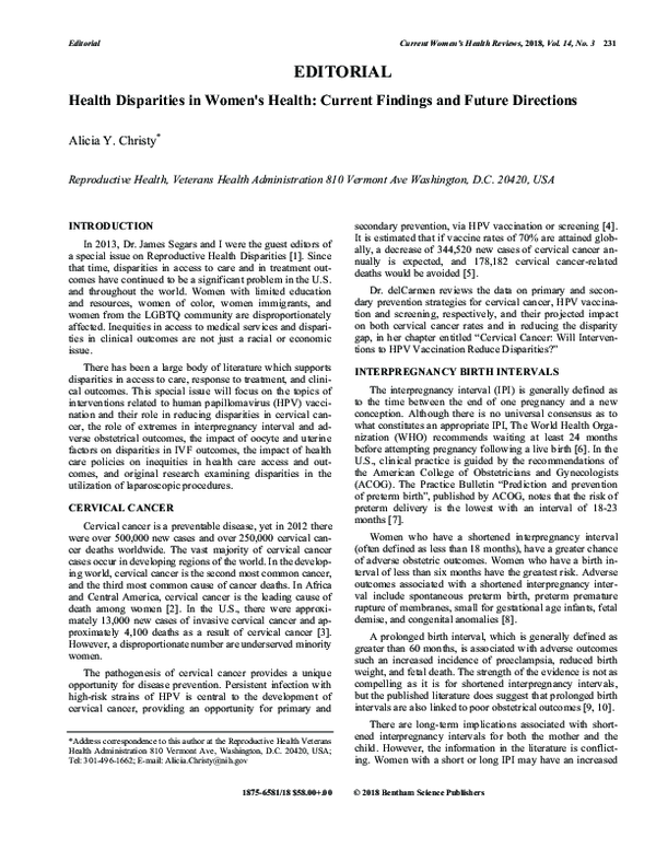 (PDF) Health Disparities in Women's Health: Current Findings and Future ...