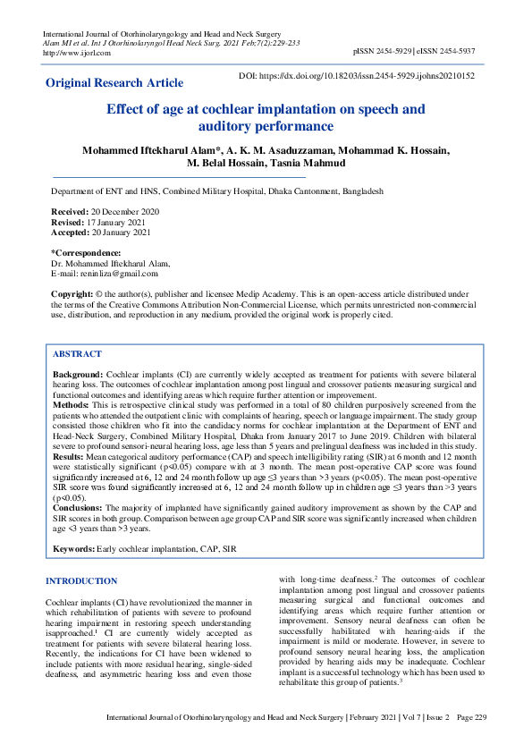 (PDF) Effect of age at cochlear implantation on speech and auditory ...