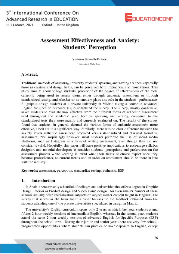 (PDF) Assessment Effectiveness and Anxiety: Students ́ Perception