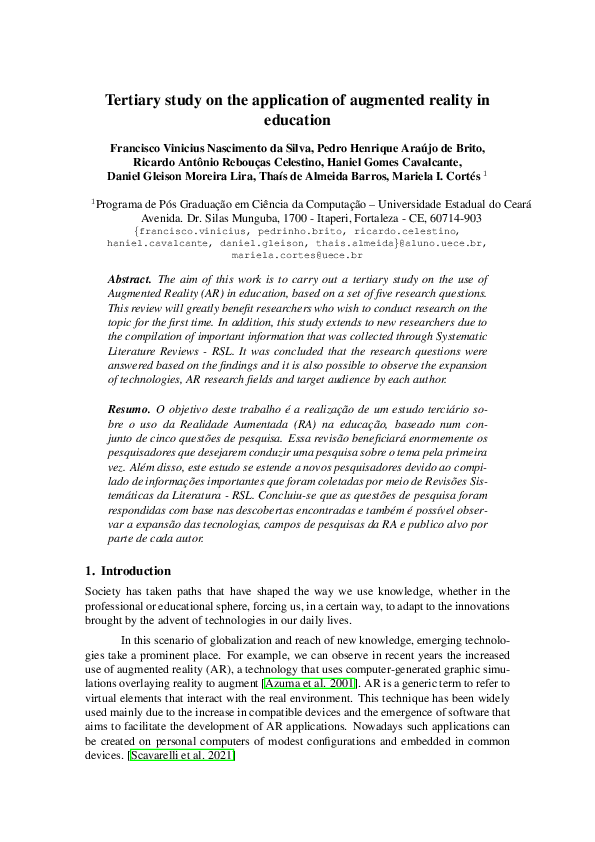 (PDF) Tertiary study on the application of augmented reality in education