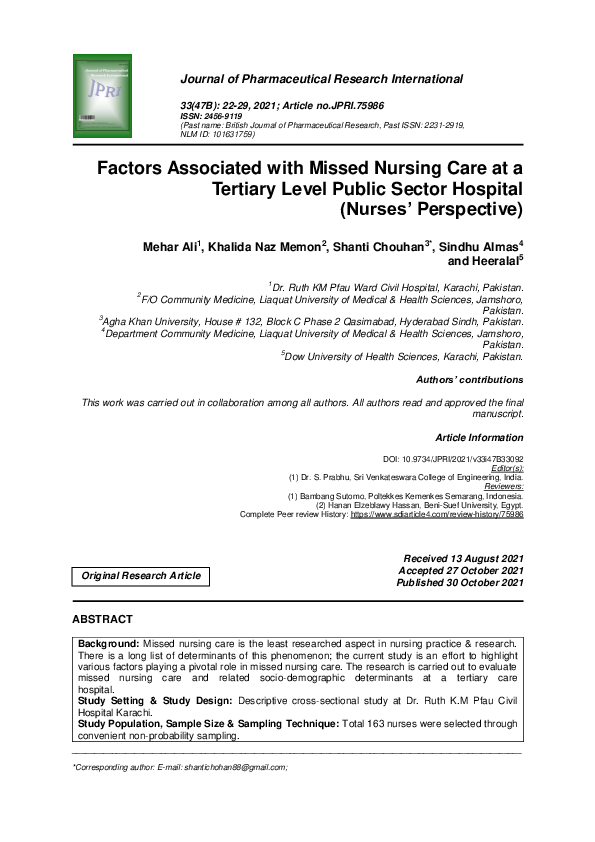 (PDF) Factors Associated with Missed Nursing Care at a Tertiary Level ...