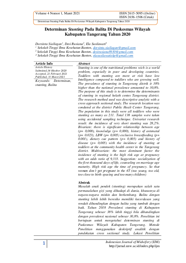 (PDF) Determinan Stunting pada Balita Di Puskesmas Wilayah Kabupaten
