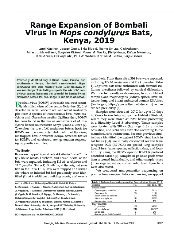 (PDF) Range Expansion of Bombali Virus in Mops condylurus Bats, Kenya, 2019