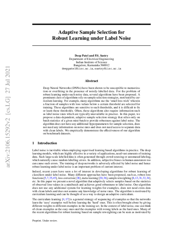 Pdf Adaptive Sample Selection For Robust Learning Under Label Noise