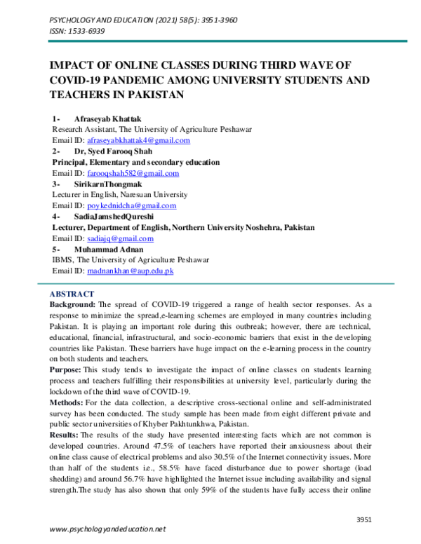 (PDF) IMPACT OF ONLINE CLASSES DURING THIRD WAVE OF COVID-19 PANDEMIC ...