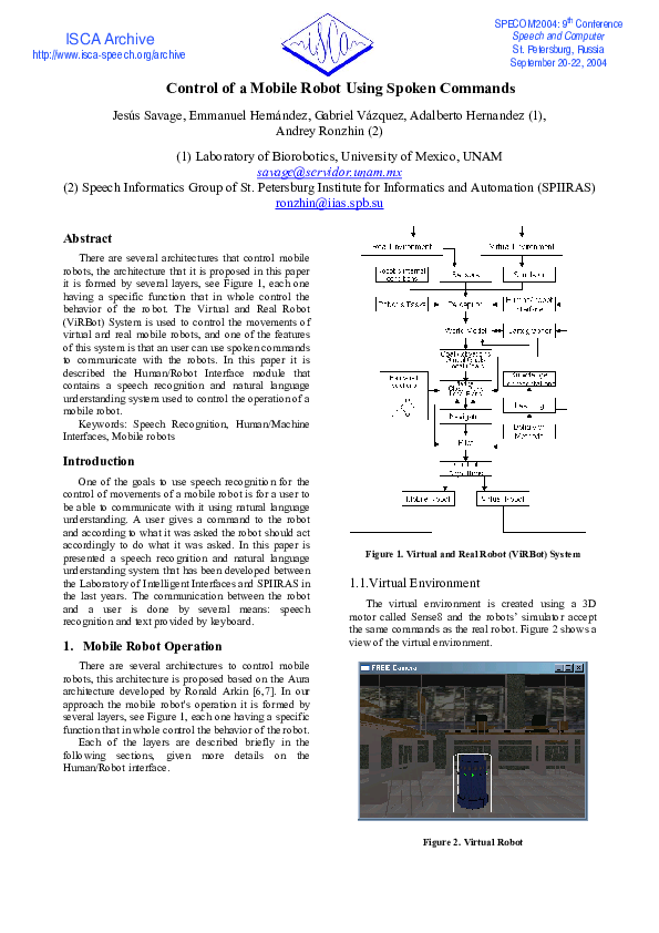 (PDF) Control of a Mobile Robot Using Spoken Commands