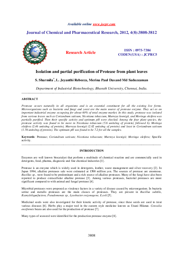 (PDF) Isolation and partial purification of Protease from plant leaves