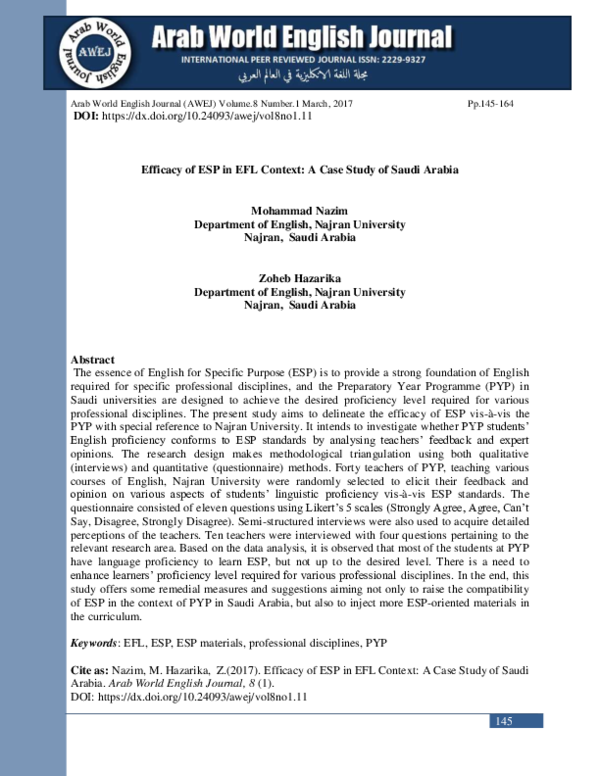 (PDF) Efficacy ESP in EFL Context: A Case Study of Saudi Arabia of