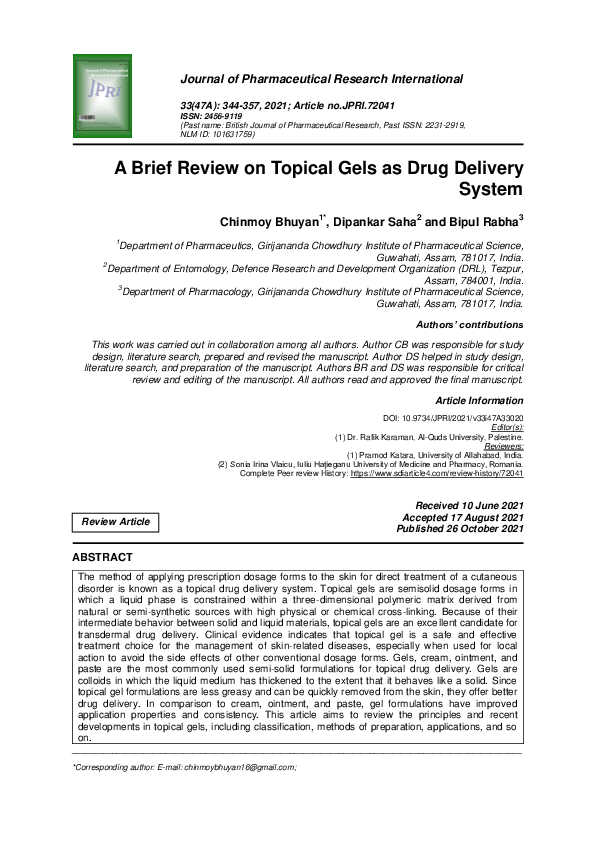 (PDF) A Brief Review on Topical Gels as Drug Delivery System