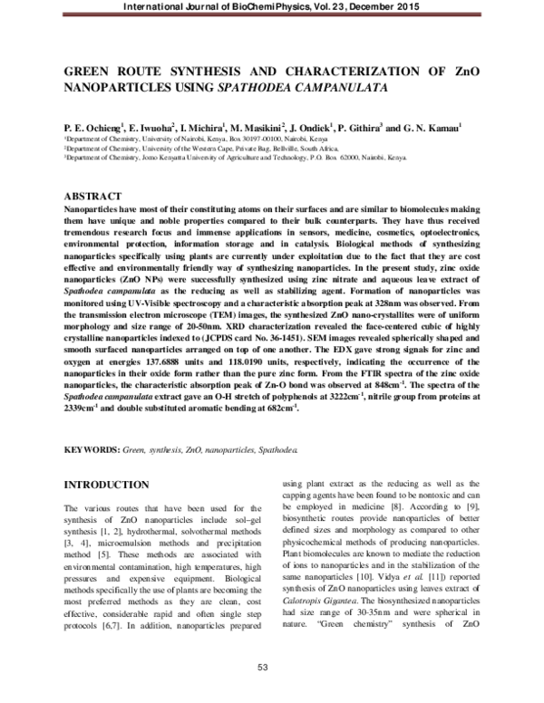 (PDF) Green Route Synthesis and Characterization of ZnO Nanoparticles ...