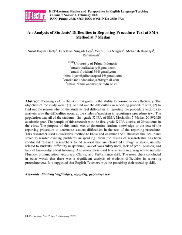 (PDF) An analysis of student's speaking difficulties in reporting a ...