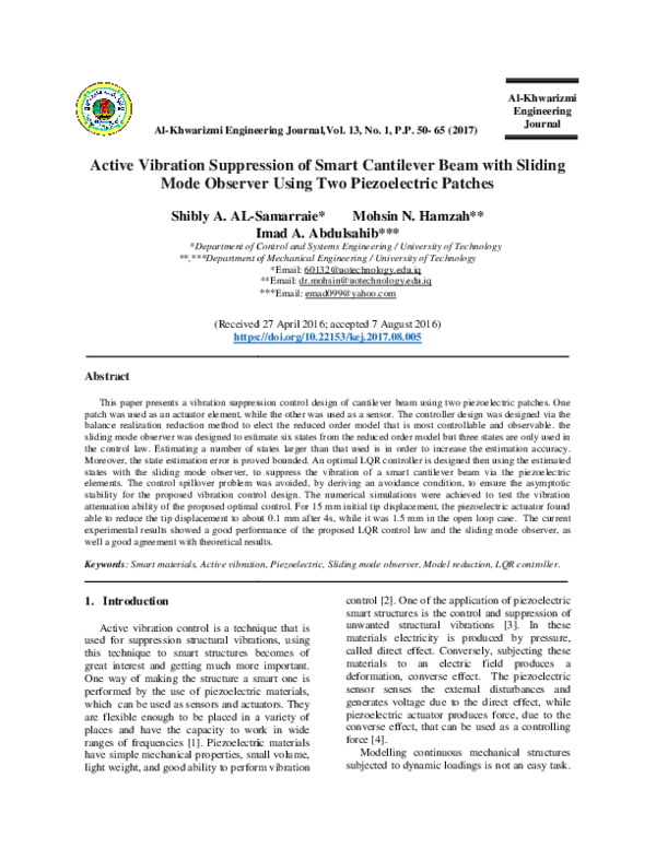 (PDF) Active Vibration Suppression of Smart Cantilever Beam with ...