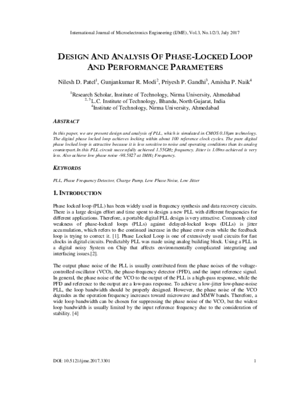 (PDF) Design and Analysis of Phase Locked Loop and Performance Parameters