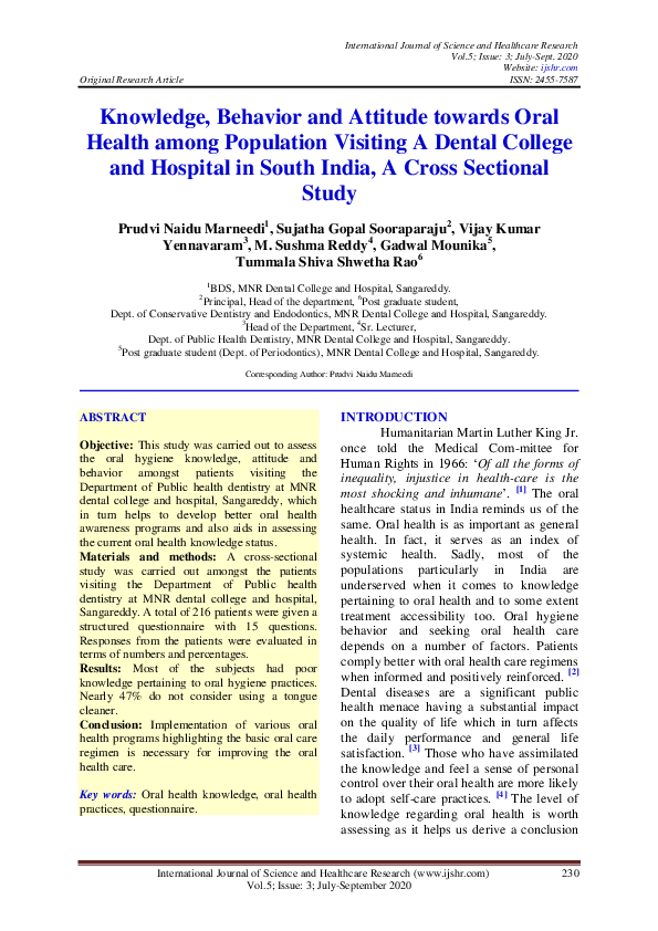 (PDF) Knowledge, Behavior and Attitude towards Oral Health among ...