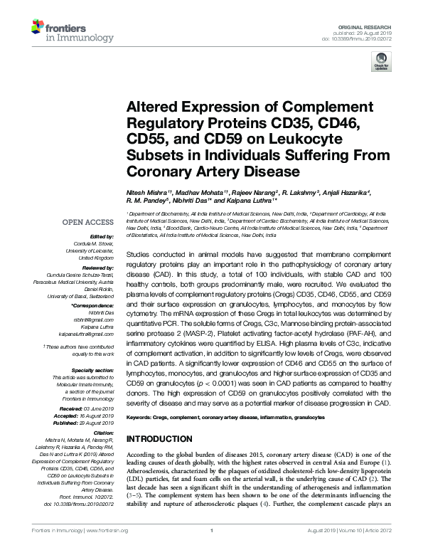 (PDF) Altered Expression of Complement Regulatory Proteins CD35, CD46 ...