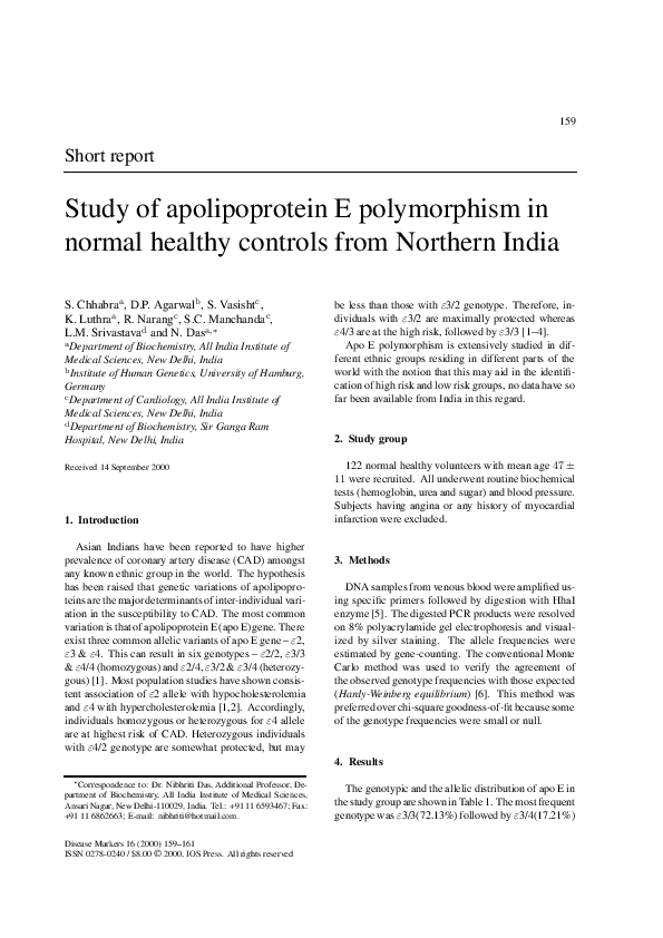 (PDF) Study of apolipoprotein E polymorphism in normal healthy controls ...