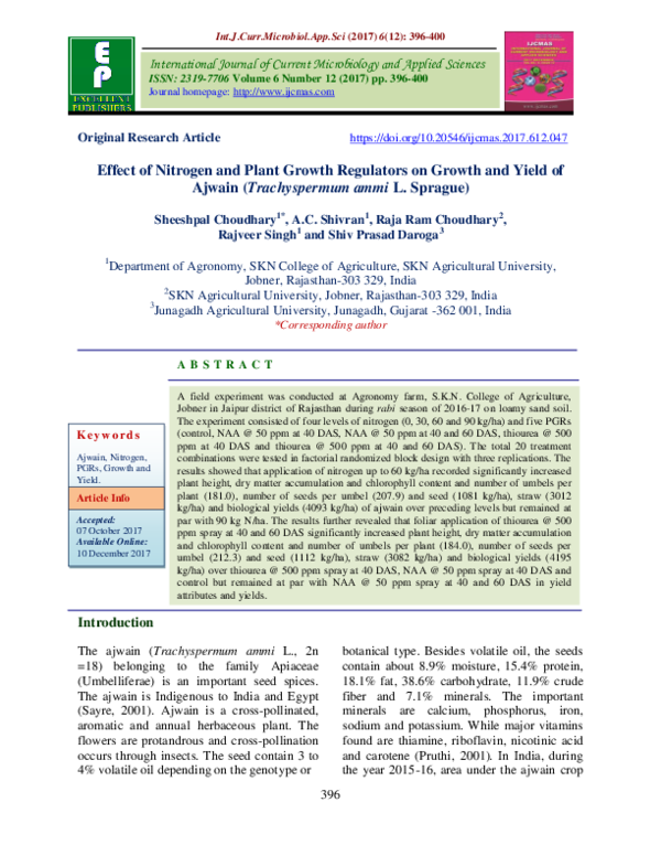 (PDF) Effect of Nitrogen and Plant Growth Regulators on Growth and