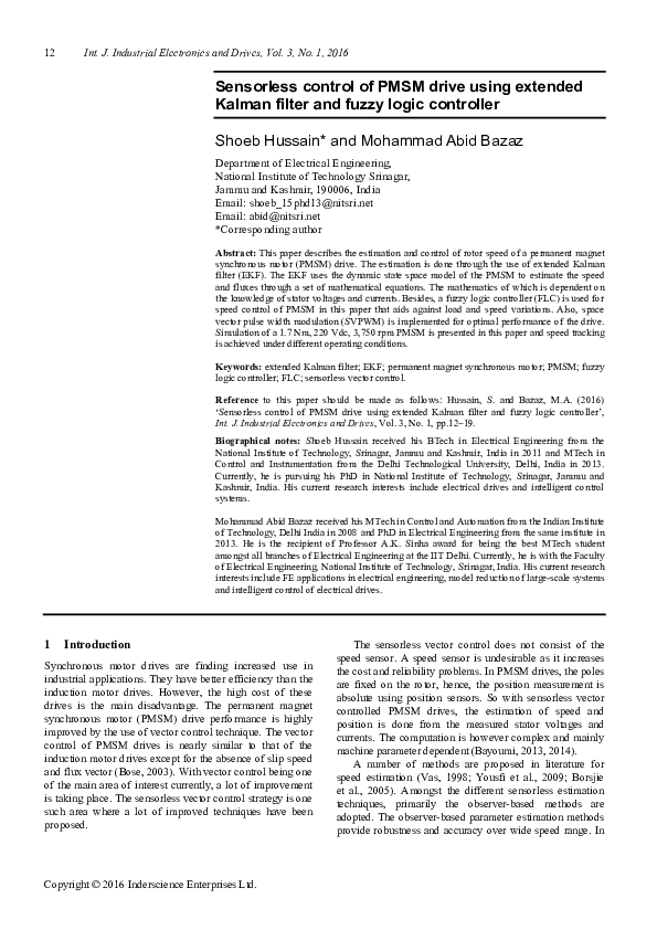 (PDF) Sensorless control of PMSM drive using extended Kalman filter and ...
