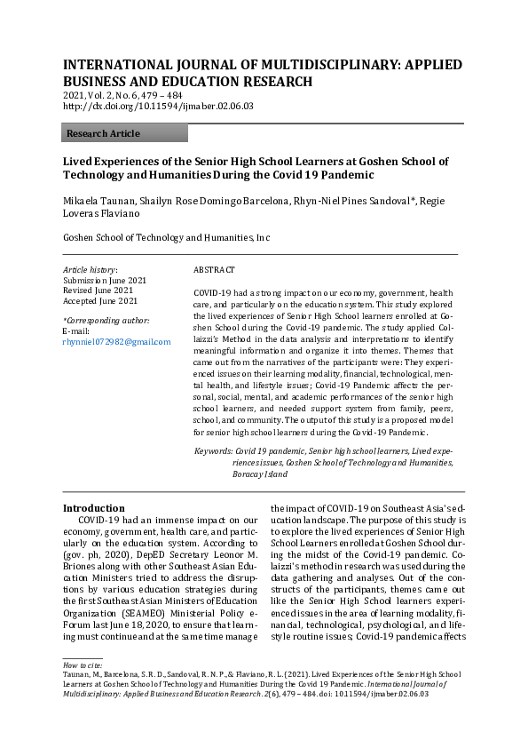 (PDF) Lived Experiences of the Senior High School Learners at Goshen ...