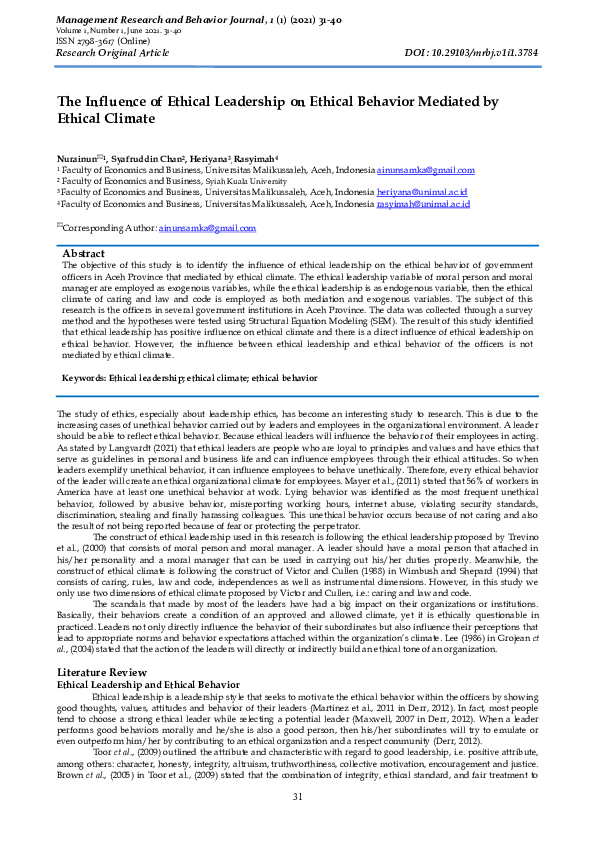 (PDF) The Influence of Ethical Leadership on Ethical Behavior Mediated ...